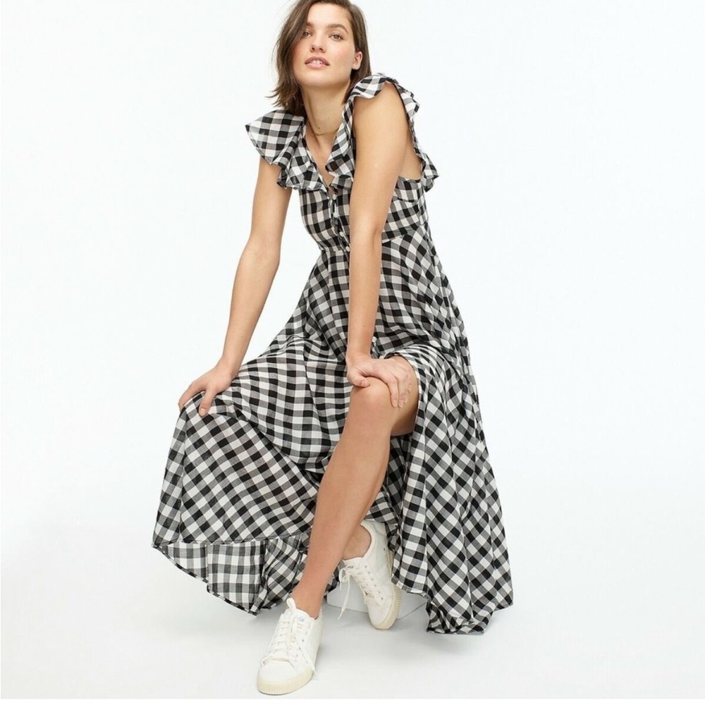 J. Crew Beachwear Button Front Ruffle Dress Black and White Gingham Sz med - Picture 2 of 16